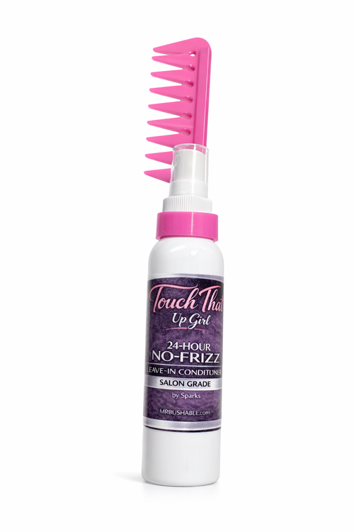 Touch That Up Girl no-frizz spray with built-in comb and brush collar