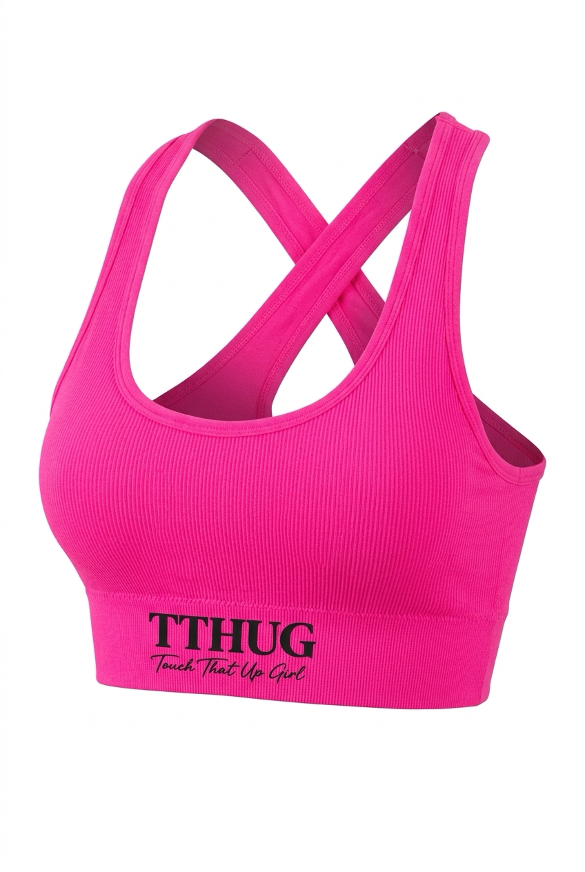 Women's hot pink criss-cross back ribbed sports bra top – KimiCoco Designs TTHUG workout top
