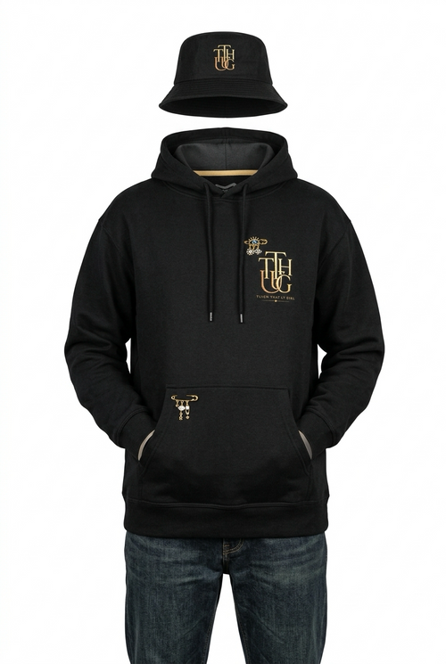Black unisex TTHUG crest hoodie ensemble by KimiCoco Designs