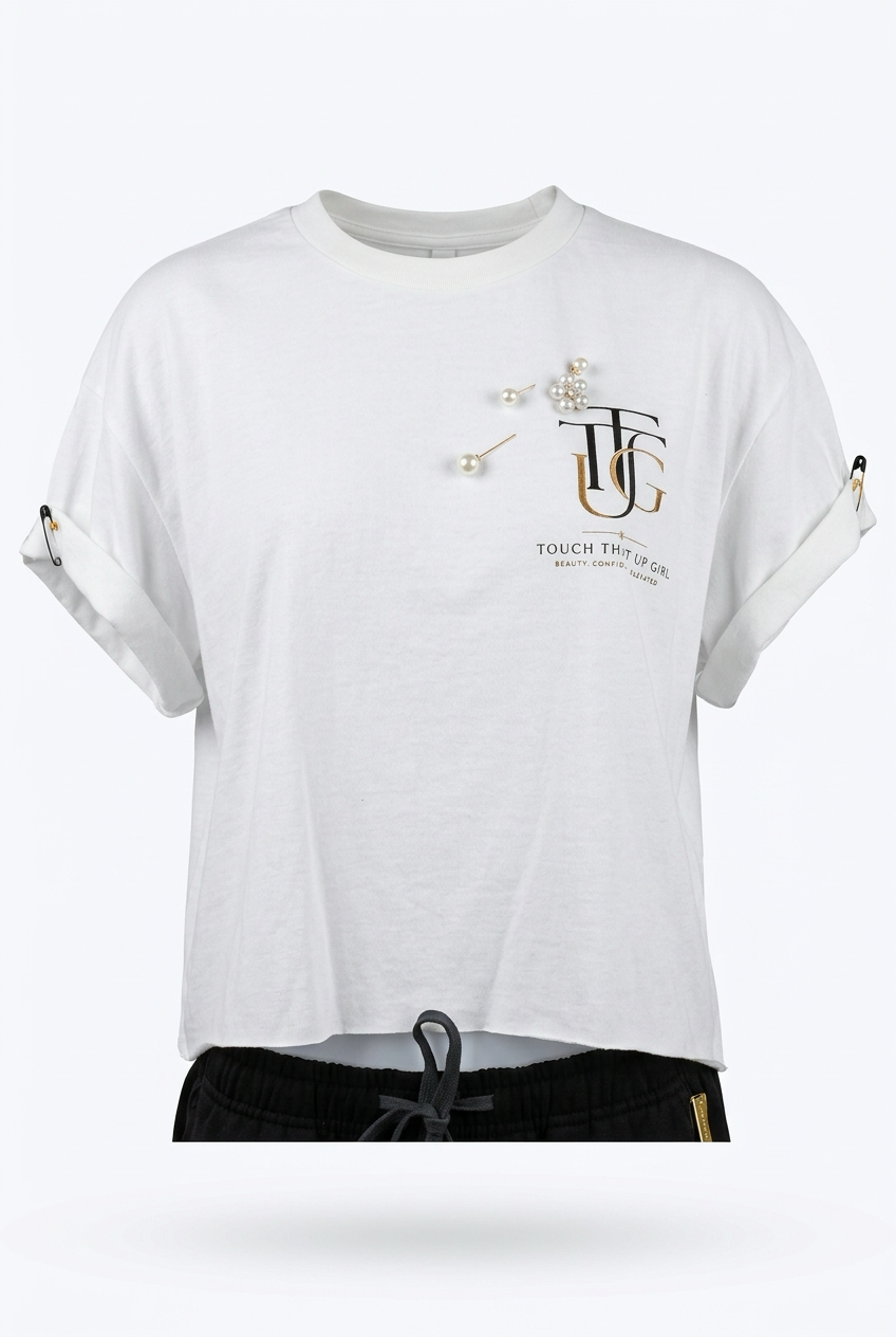 KimiCoco Designs TTHUG white crop tee, front